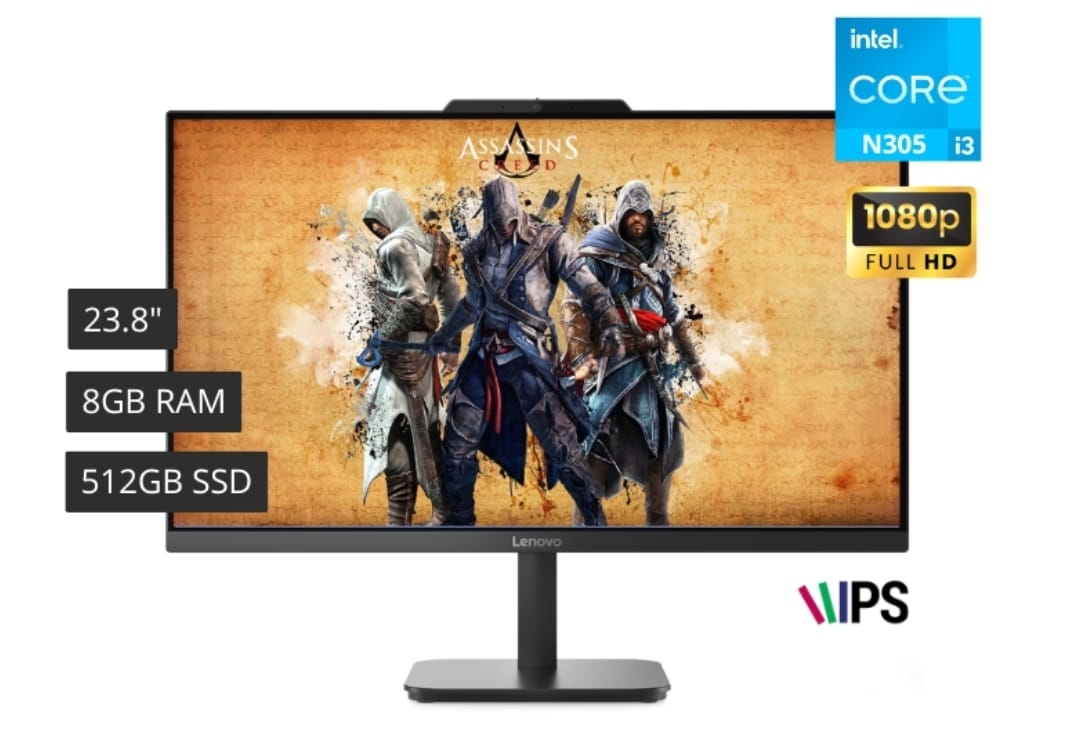 Lenovo V100, Core I3-N305 Hasta 3.8GHz, 8GB DDR4 3200MHz, 512GB M.2 PCIe NVMe, 23.8 FHD IPS, Cámara HD, Micrófono, WiFi, Bluetooth, RJ45, FreeDOS, Negro, Teclado y Mouse USB